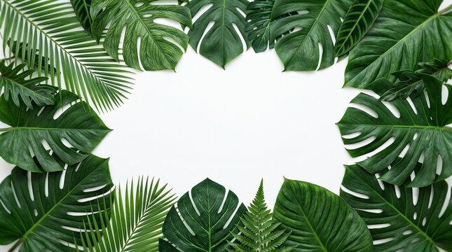 A vibrant arrangement of lush tropical leaves and plants forms a natural frame with space for text