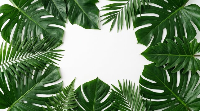 Lush tropical foliage border creates a natural frame with bright green leaves and white space