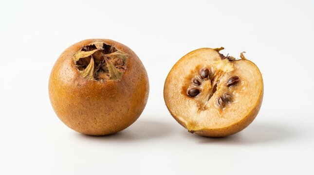 Whole and halved fresh common medlar fruit isolated on a white background.