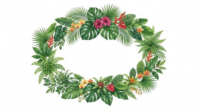 Beautiful watercolor wreath of lush tropical leaves and vibrant red hibiscus flowers on a white background