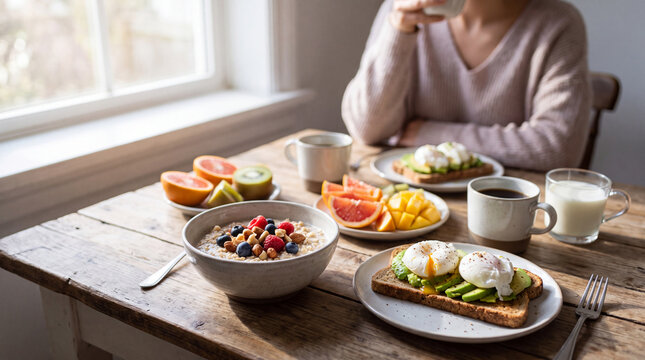A fresh Better Breakfast Month still life captures oatmeal, whole wheat toast, eggs, fruits, coffee and milk on a rustic table for editorial and advertising