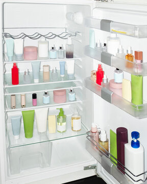 Conceptual image of eating skincare: fridge full of beauty products