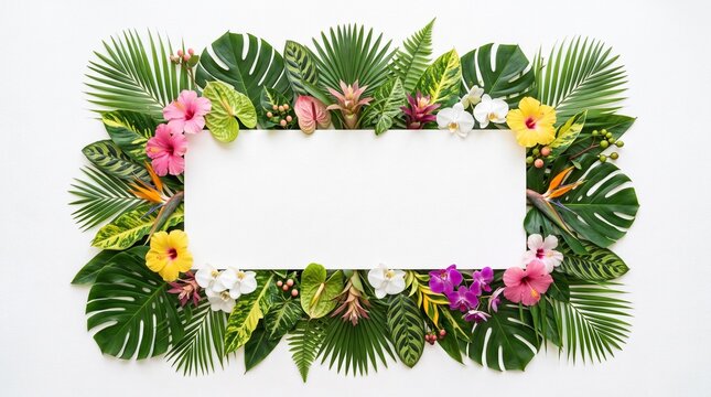 Lush tropical foliage and vibrant flowers framing a blank white space for text or design