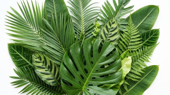 Lush tropical foliage arrangement featuring monstera palm and fern leaves against a white background