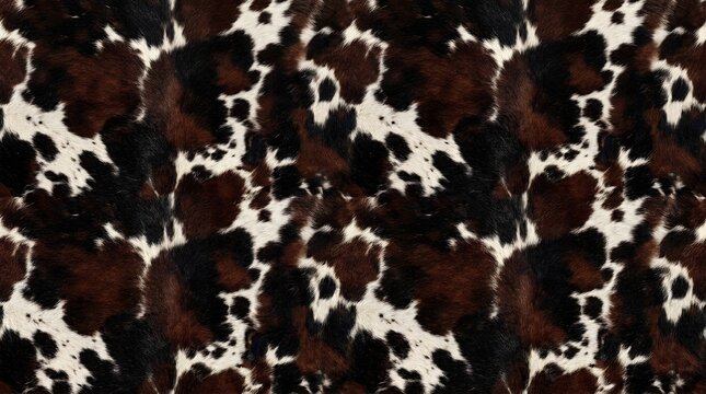 closeup pattern of black brown and white cowhide texture with natural organic shapes and soft fur surface
