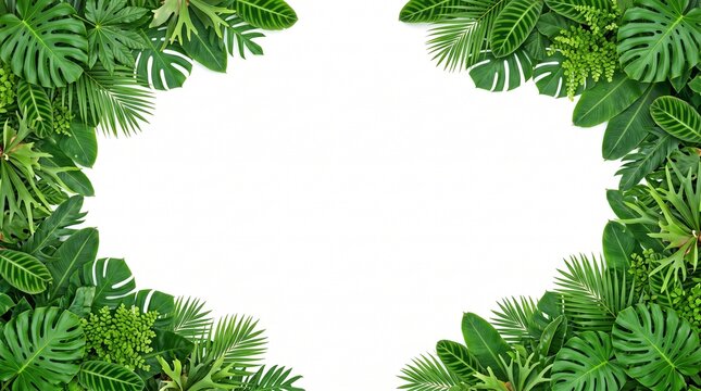 Lush tropical foliage frame creates a natural border with vibrant green leaves and white center