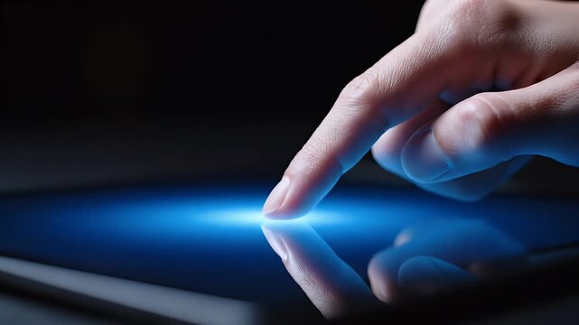 Finger touches glowing blue ripple on dark digital screen, creating connection