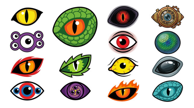 Monster eyes collection, 16 fantasy creature eye icons. Cartoon dragon and alien eyeball set. Spooky beast eye vector illustrations.