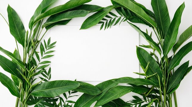 Abundant green tropical leaves and plants form a beautiful natural border with a blank white area for copy