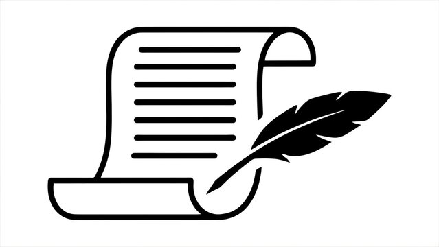 Scroll paper and feather quill pen minimalist black icon vector illustration for writing poetry legal contract document