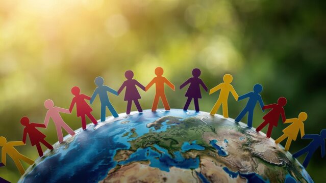 Global unity and diversity: Paper chain people holding hands on earth, with a natural green background.