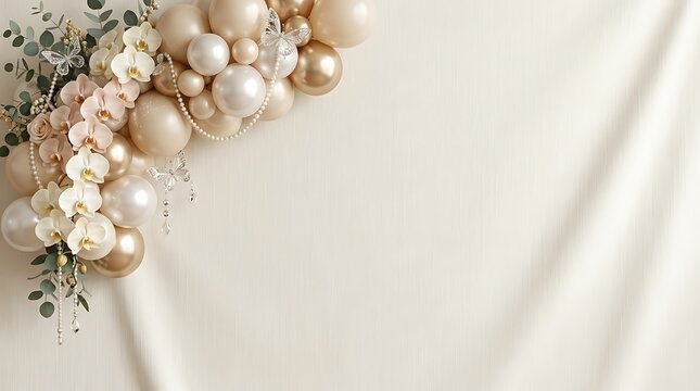 Elegant happy birthday background featuring soft beige balloons and delicate flowers on a draped white fabric backdrop
