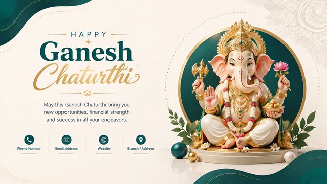 Lord Ganesha golden idol displayed for Ganesh Chaturthi celebration featuring decorative emerald green accents and elegant typography on cream background