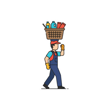 Delivery worker carries a woven basket filled with various household supplies on his head while walking forward.