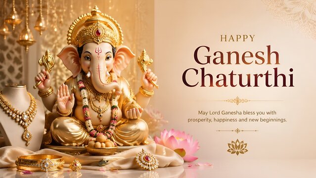 Golden lord Ganesha statue displayed for Ganesh Chaturthi celebration featuring intricate jewelry adornments and soft glowing lighting on smooth background
