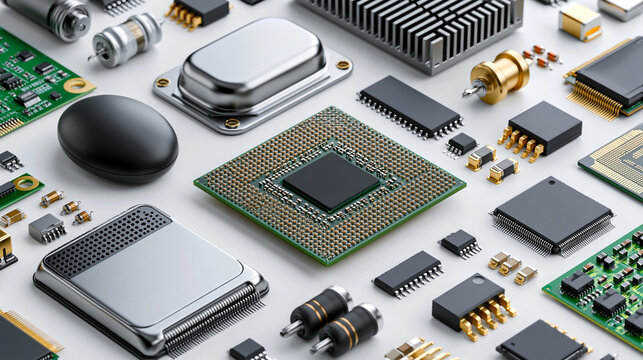 Elektronikbauteile und Mikrochip liegen geordnet auf wei&szlig;em Hintergrund