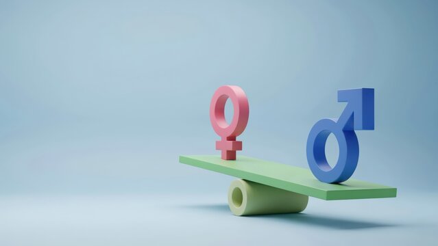 Gender equality concept with male and female symbols on an unbalanced seesaw.