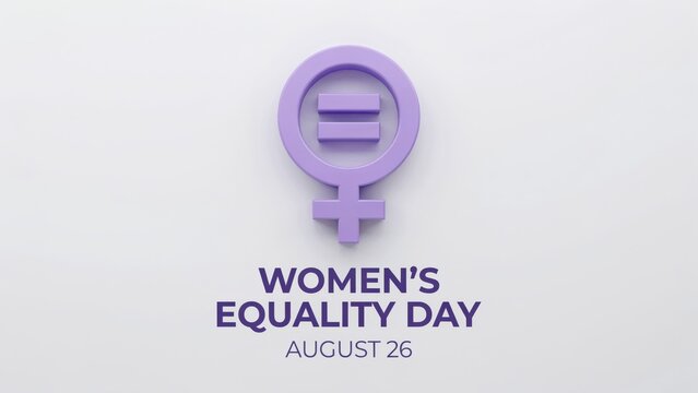Woman's Equality Day announcement with purple female symbol and equal sign isolated on white background