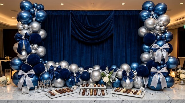 Elegant blue and silver balloon decoration setup for a festive happy birthday party celebration event background