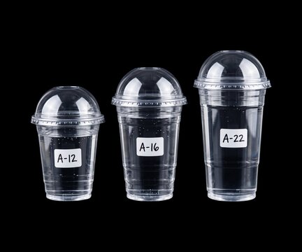 Three clear plastic cups with dome lids in ascending sizes, isolated on black background