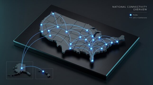 United States map with luminous nationwide data links