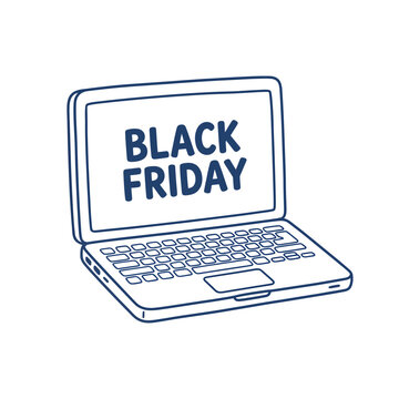 A simple hand drawn line art illustration of an open laptop computer displaying the text black friday isolated on a white background