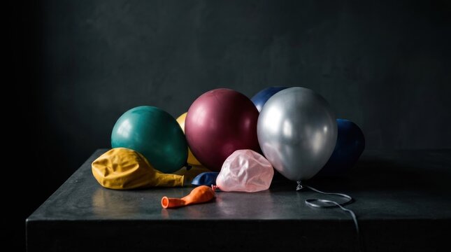 A collection of colorful inflated and deflated balloons resting on a dark surface against a moody background