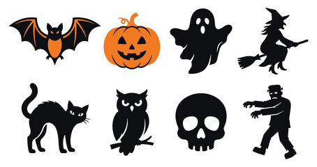 Obraz premium A collection of spooky silhouettes for a happy halloween celebration featuring a pumpkin bat ghost witch cat owl skull and zombie