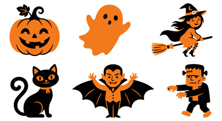 Fototapeta premium A collection of cute cartoon characters for a happy halloween celebration featuring a pumpkin ghost witch cat vampire and frankenstein monster