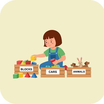 Smiling little girl sorting colorful toys into labeled wooden crates for organized playroom storage concept
