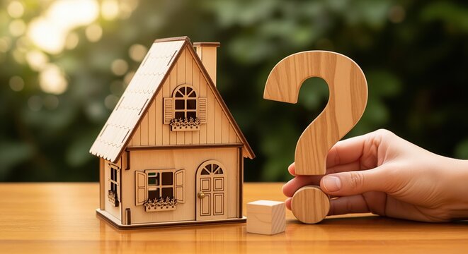 A wooden miniature house with a snow-covered roof sits beside a large wooden question mark held in hand. Represents housing questions, real estate decisions, or property inquiries.