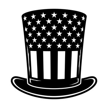 A classic vintage uncle sam top hat design with stars and stripes shown as a detailed black and white vector illustration on a plain white