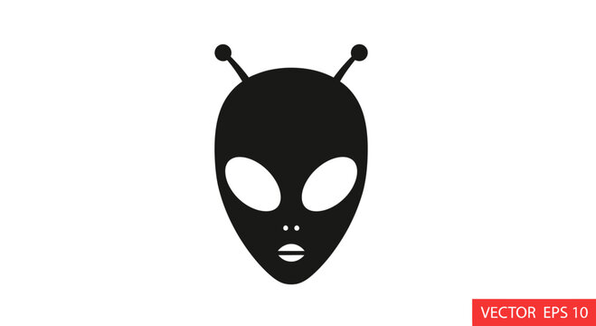 Black Alien Head Icon Silhouette, Extraterrestrial Life Symbol, UFO, Space