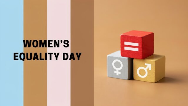 Women's Equality Day concept with gender symbols, equals sign, and color bars