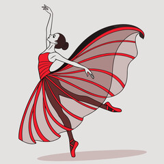 Elegant ballet dancer in flowing red costume, performing graceful pirouette on stage, silhouette with artistic flair, dance art, spotlighted, theatre, beauty. © Sabrina45