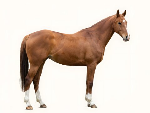Brown horse with white socks standing in bright daylight on plain background