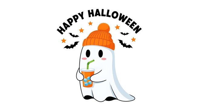Cute cartoon ghost wearing an orange beanie drinking a beverage