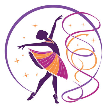 Graceful ballet dancer in a vibrant purple and orange tutu, performing elegant arabesque with flowing ribbons and sparkling stars in a circular frame.