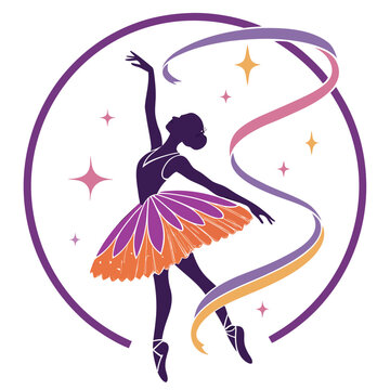 Graceful ballet dancer in a vibrant purple and orange tutu, performing elegant arabesque with flowing ribbons and sparkling stars in a circular frame.