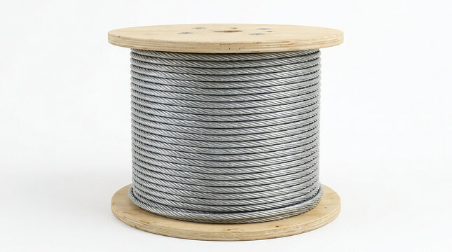 Steel wire rope coiled on a wooden spool isolated on white background, heavy duty industrial metal cable reel for construction and rigging