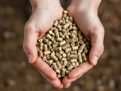 Hands holding animal feed pellets for livestock nutrition and farming, close up on brown background