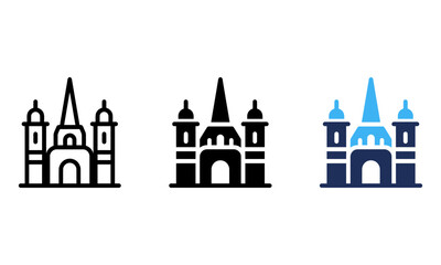 Fototapeta premium Cathedral building icon set in black and blue for design.