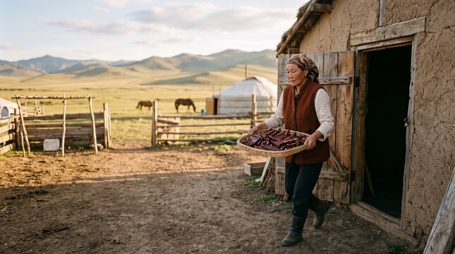 Producer carries finished borts from a Mongolian drying house