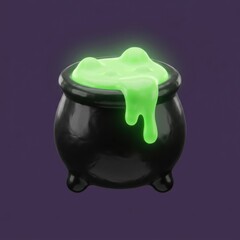 3D illustration of a black witch cauldron filled with glowing green magic potion for Halloween celebration © Evo Space