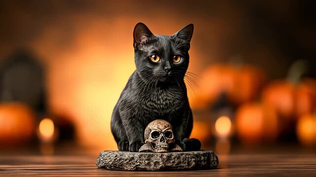 Black cat figurine among Halloween decor