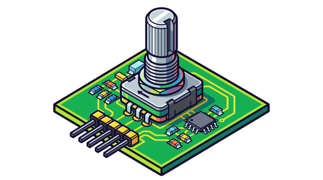 Isometric Vector Illustration of an Electronic Rotary Encoder Component Mounted on a Green Printed Circuit Board with Integrated Microchip