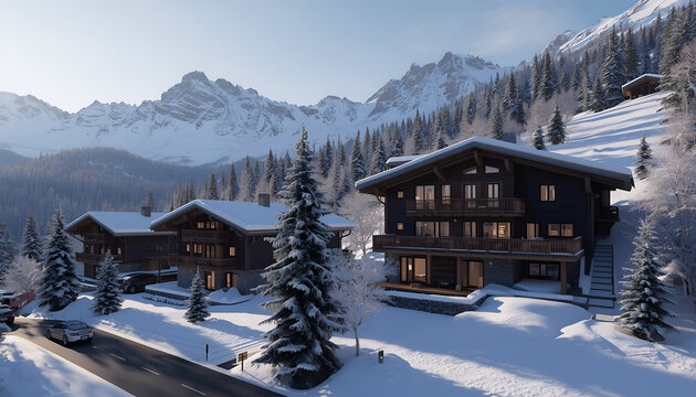 Mountain chalets nestled in the snowy landscape offer a serene winter retreat during the cold season.