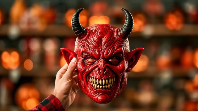 Hand inspecting rubber Halloween mask