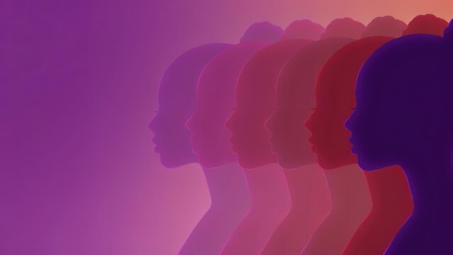 Multiple layered silhouettes of a woman's profile in warm purple and red tones