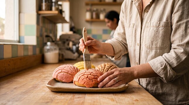 Pastry chef finishes colorful conchas on a warm bakery bench